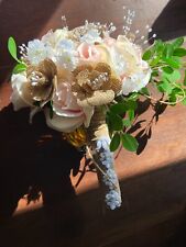 Rustic Wedding handmade bouquet burlap and silk rose pink roses w/pearls