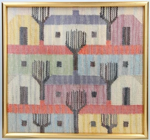 Vintage FRAMED MODERNIST SCANDINAVIAN TEXTILE PANEL Houses & Trees - Picture 1 of 6