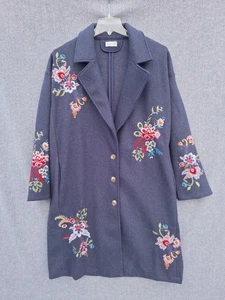 Time For Me Cappotto Ricamato Giacca Donna XL Blu con Fiori Multicolore Lungo - Foto 1 di 13