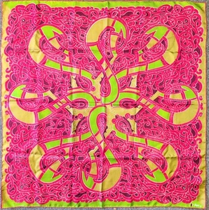 Vintage Vera Silk Scarf Neon Pink Green Celtic Knot Ladybug Logo 31" Square  - Picture 1 of 3