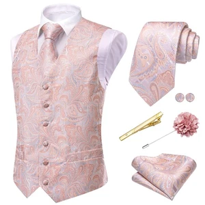 Mens Pink Formal Waistcoat and Tie Pocket Square Lapel Pin Set Silk Dress Ves... - Picture 1 of 6