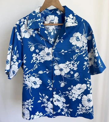 Винтажная гавайская оригинальная мужская рубашка Hilo Hattie XL синий цветочный узор Aloha Hawaii - Изображение 1 из 4