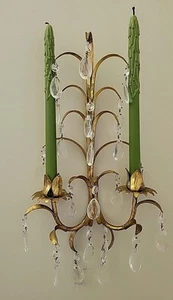 Pair Of Vtg Gilt Italy Double Arm Candle Sconces Crystal Prisms Regency READ  - Picture 1 of 24