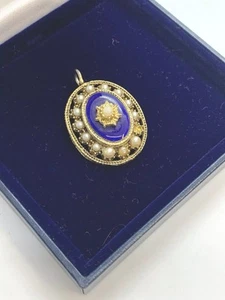 Ciondolo perle smaltate blu cobalto imperiale oro dorato vintage - Foto 1 di 5