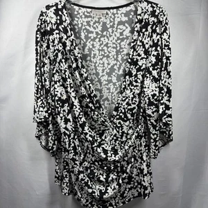 DB Established 1962 Top Womens XL Black White Floral Blouse Sequin Cowl Neck USA - Picture 1 of 12
