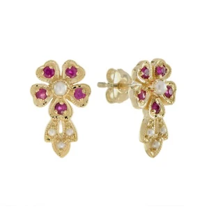 9K Gold Natural Pearl and Ruby Vintage Style Floral Stud Earrings  Gift for her - Picture 1 of 9