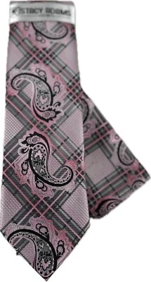 Stacy Adams Men's Tie Hanky Pink Charcoal Gray Silver Plaids Paisley 3.25" Wide - Image 1 of 4