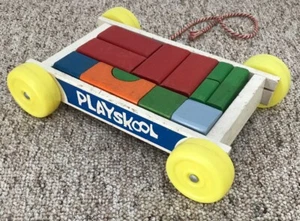 Playskool Pull Wagon w 13 Wood Blocks Colored Shapes Stacking Toddler - Picture 1 of 8
