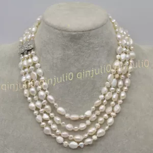 "Collana Vera Perla Barocca 4 Righe 4-5mm 9-10mm Bianco Naturale Dolce Barocco 17-20"" - Foto 1 di 4