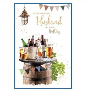 Husband Birthday Card - Drink Wine Beer Barrel - Men Male Him - 9"x6" - Picture 1 of 3