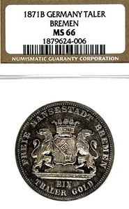 German States Bremen 1871 Taler Coin Thaler NGC MS 66 STG UNC/BU VICTORY RARE - Picture 1 of 3