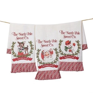 NEW Tea Towels CHRISTMAS DEER SANTA SNOWMAN 3pc White Green Red Cotton 17"x27" - Picture 1 of 2