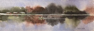 3.75x10.75” Original Watercolor Pamela Wilhelm Long Narrow Fishing Boat River - Picture 1 of 4