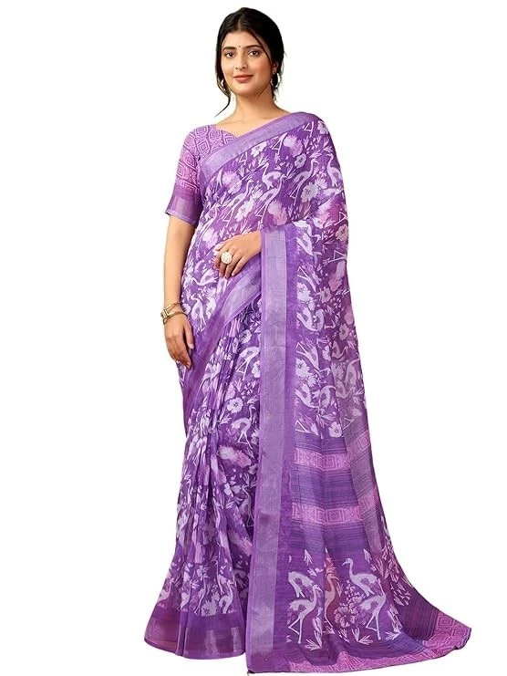 Sari de un minuto para mujer estampado de lino y borde Zari listo para usar Foto 1 de 1