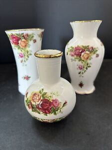 3 Royal Albert Old Country Roses  bone china bud vases- Vases Tallest 7”