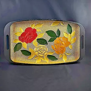 Vassoio da portata vintage Giappone Shirokiya con manico fiori in rilievo plastica laccata - Foto 1 di 8