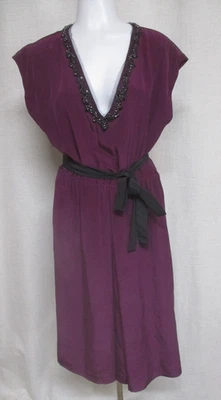 ROBERT RODRIGUEZ Purple Plum Silk rhinestone mesh trim V Neck Dress sz L - Image 1 of 4