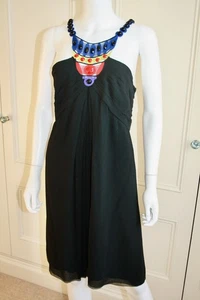 Catherine Malandrino Pure Silk Black Embroidered Halterneck Dress Vintage M - Picture 1 of 12