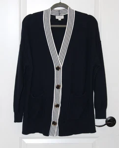 LOFT Women’s XL Navy Blue Varsity Cardigan Sweater – Button Front, Striped Trim, - Picture 1 of 8