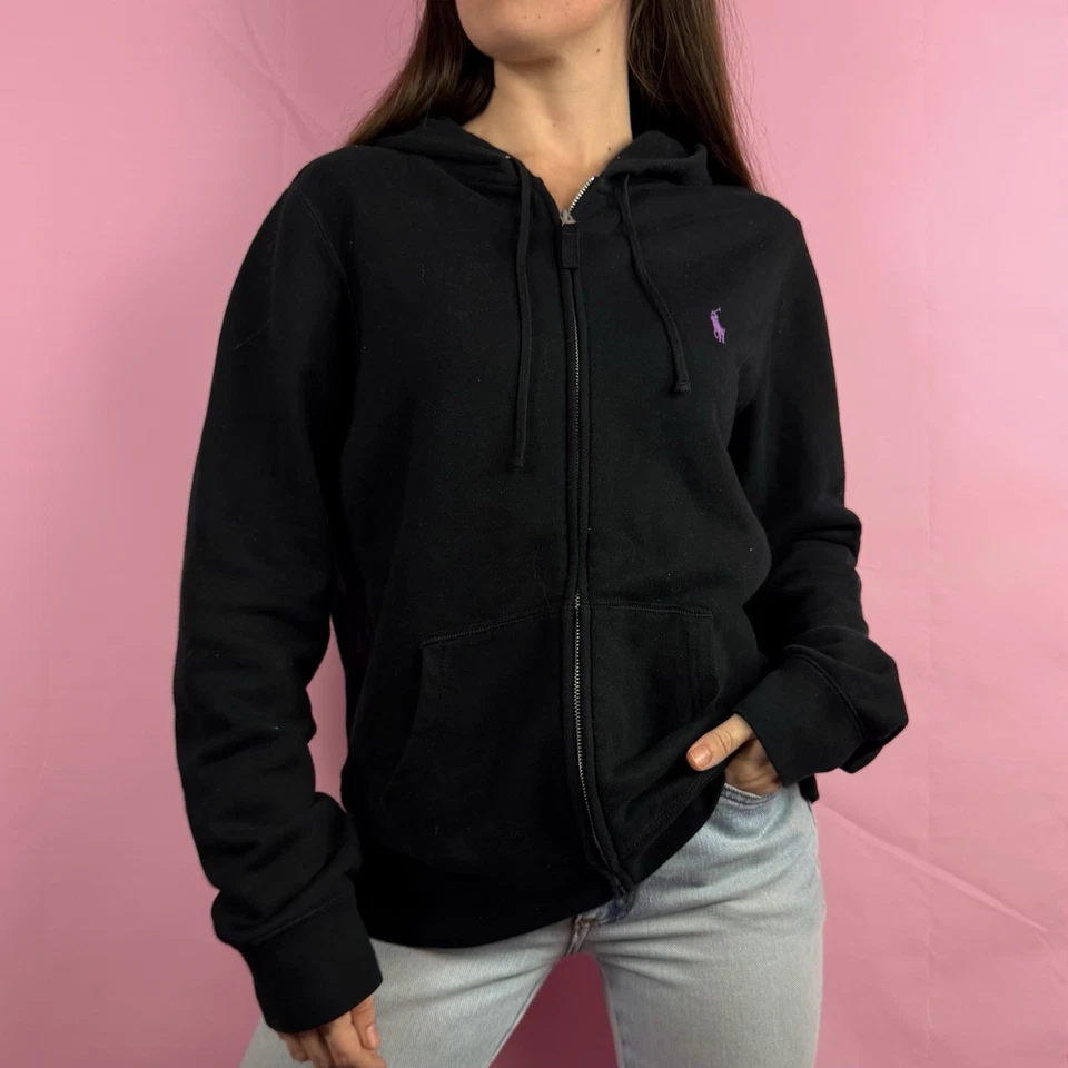 Moletom com capuz feminino Y2k Ralph Lauren zíper completo preto roxo pônei tamanho XL - Imagem 1 de 4