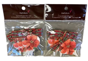 NUEVAS etiquetas de regalo de papiro vacaciones flor de pascua y arco de tartán (2 juegos de 3 cada uno) - Imagen 1 de 2