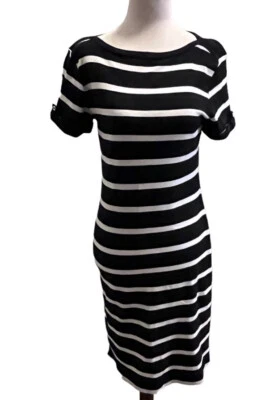 Karen Scott Size Small Elbow Sleeve Casual T Shirt Dress Black White Striped - Image 1 of 4