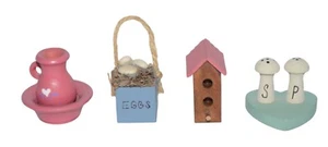Handmade Wood Miniatures Shelf Sitters Egg Basket Birdhouse Salt Pepper Pitcher - Picture 1 of 5