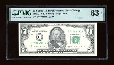 DBR 1988 $50 FRN Chicago Fr. 2123-G PMG 63 EPQ Serial G09924311A - Image 1 of 2