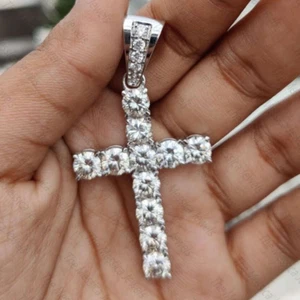 4 MM Round Cut Moissanite Cross Pendant No Neckless In 14k White Gold Plated - Picture 1 of 11