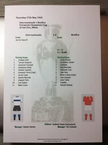 1964-65 Inter Milan v Benfica European Champions Cup Final matchsheet - Picture 1 of 1