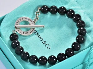 Tiffany & Co silber schwarz Onyx 8 mm Perlen Kipparmband 7,5" große neue Version - Bild 1 von 4