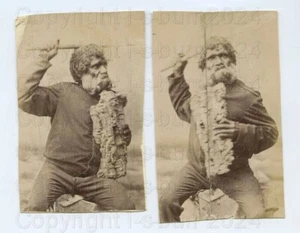 Hombre aborigen sosteniendo arma 2 fotos c1900s - Imagen 1 de 1