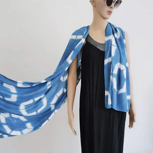 Indigo Tie Dye Scarf, Shibori Beach Wrap, Rayon Cotton 27''x86'' - Picture 1 of 12