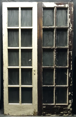 48"x80" Pair Antique Vintage French Double Wood Doors 20 Windows Textured Glass Cover