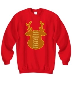 Santa’s Reindeer Names Christmas Holiday Sweatshirt | Ugly Xmas Sweater - Picture 1 of 18