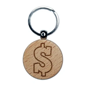 Dollar Sign Money Symbol Outline Engraved Wood Round Keychain Tag Charm - Picture 1 of 6