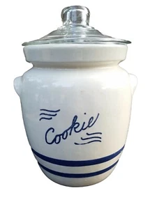Vintage Keksdose Robinson Ransbottom Cookies blau gestreift mit Klarglasdeckel - Bild 1 von 12