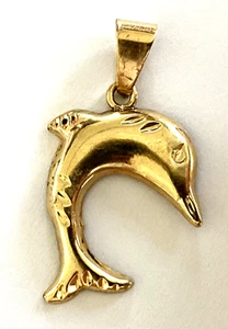 Dolphin 14K Solid Yellow Gold Ocean Life Ladies Charm Pendant Diamond Cut Design - Picture 1 of 14
