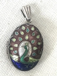 HERVORRAGENDER VINTAGE HANDEMAILLIERTER ELEFANT & PFAU STERLINGSILBER MEDAILLON ANHÄNGER - Bild 1 von 4