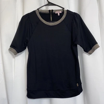 Juicy Couture Blouse Womens Small Black Gold Trim Y2K Top Zipper Short Sleeve - Image 1 of 4
