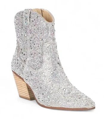 BETSEY JOHNSON Diva Clear Glass Stones SHORT COWBOY STYLE BOOTS Bling Sparkle 8 - Image 1 of 4