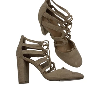 Christian Siriano Block Heel Strappy Round Toe Suede Shoe Tan 4" Women's Size 10 - Picture 1 of 7