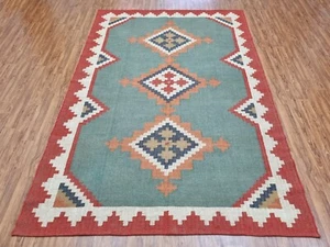 Navajo Green Rug Wool Jute Rug Handwoven Kilim Rug Living Room Rug Tribal Rug - Picture 1 of 7