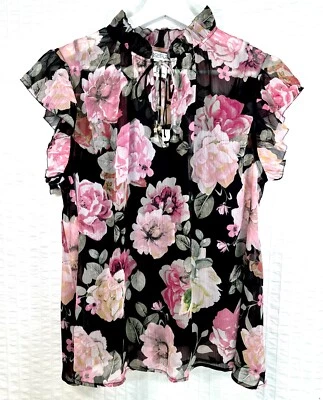 Blusa Rachel Zoe Floral Cuello Volantes Flores Borlas Doradas Tulipán Talla M Foto 1 de 4