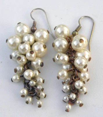 Faux Pearl Dangle Earrings Cluster Grapevine Bronze Pierced Hook - Image 1 of 4