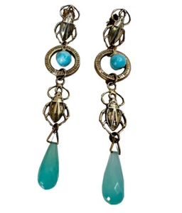 NWT VERMEIL & GEMSTONE SCARAB BEETLE POST EARRINGS PIERCED EARS -DROP 7. 2 cm - Picture 1 of 12