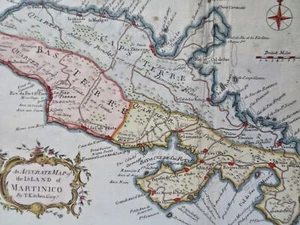 Martinique Caribbean Island Fort-de-France 1762 T. Kitchin scarce hand color map - Picture 1 of 4