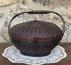 Antique Chinese Bamboo Basket With Lid & Handle - Woven, Handmade - 6.5" D