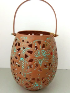 GLOBAL FUSION - Large Metal Lantern - Copper & Turquoise, Pierced Design - NWT - Picture 1 of 12