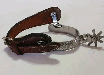 复古墨西哥 Charro Espuela Spur 手工制作/蚀刻。 不锈钢/皮革 — 第 1/4 张图片